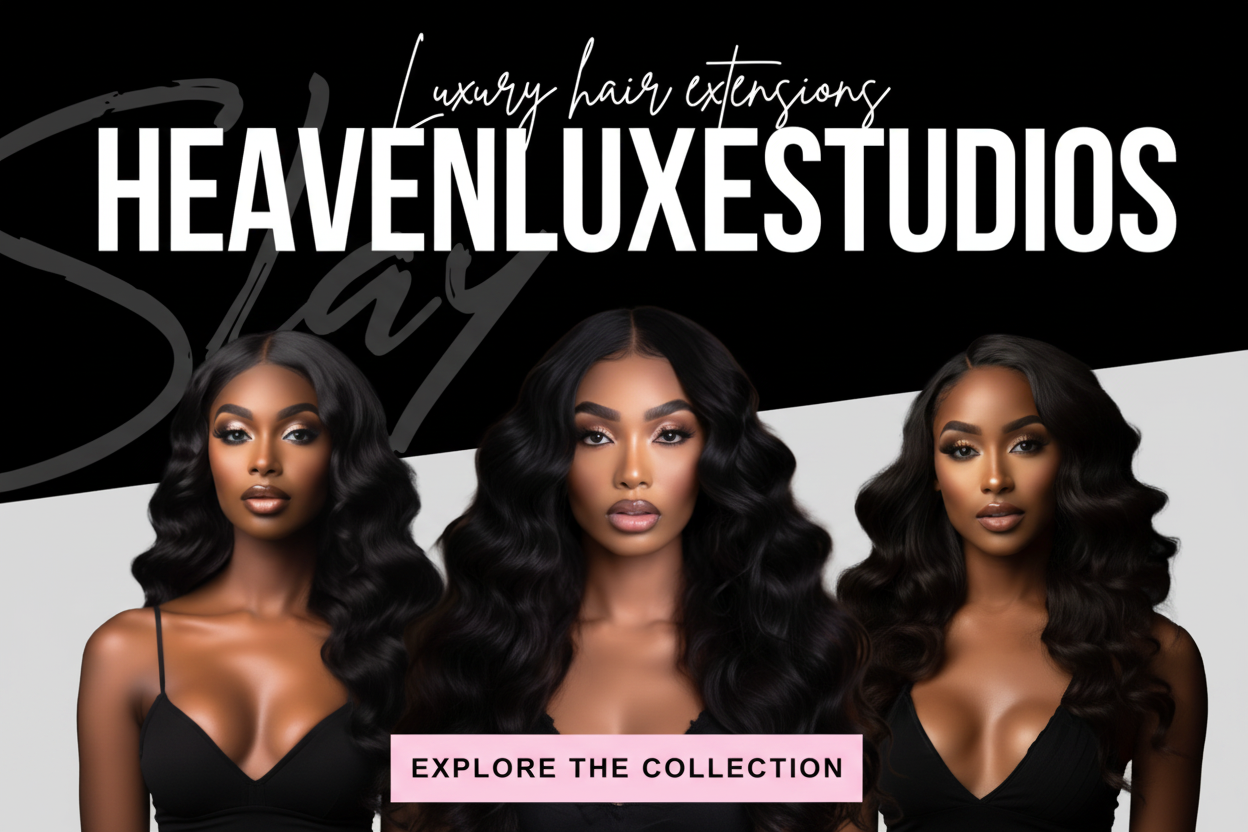 Promotional graphic for Heaven Luxe Studios hair extensions, featuring three women with long, wavy black hair extensions against a black and white background with the text 'Luxury hair extensions HEAVENLUXESTUDIOS' and a pink 'EXPLORE THE COLLECTION' banner.